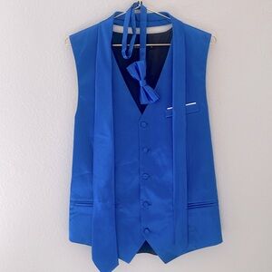 Men’s Classic Formal 3pc Royal Blue Satin Vest, Neck Tie & Bowtie